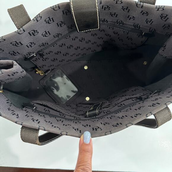 VTG Dooney & Bourke Y2K Black Large Shoulder Tote Signature Logo Leather Trim - Picture 3 of 9